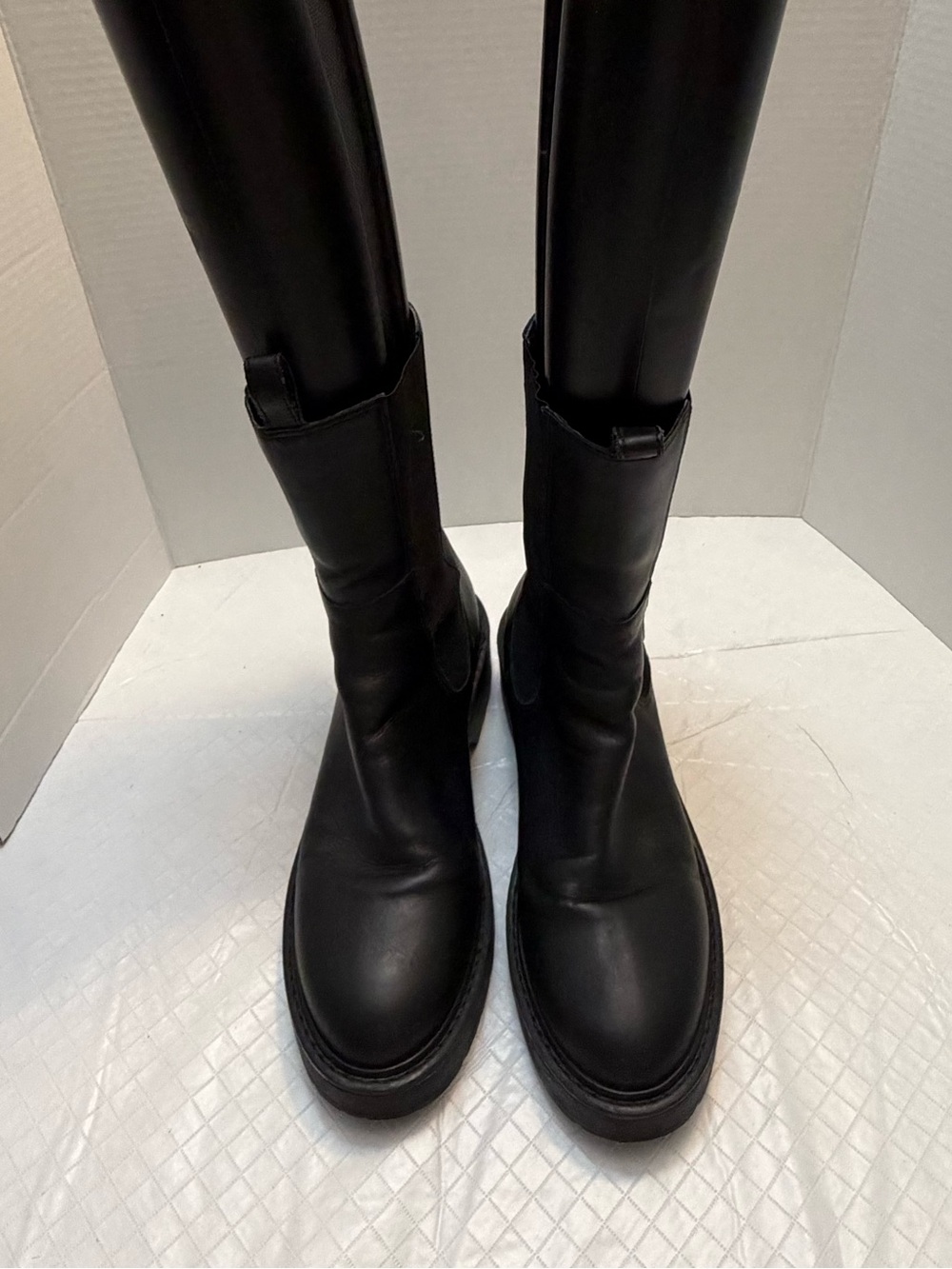 Steve Madden Black Leather Mid-Calf Heeled Boots Chunky Sole EU 40 US 9-9.5